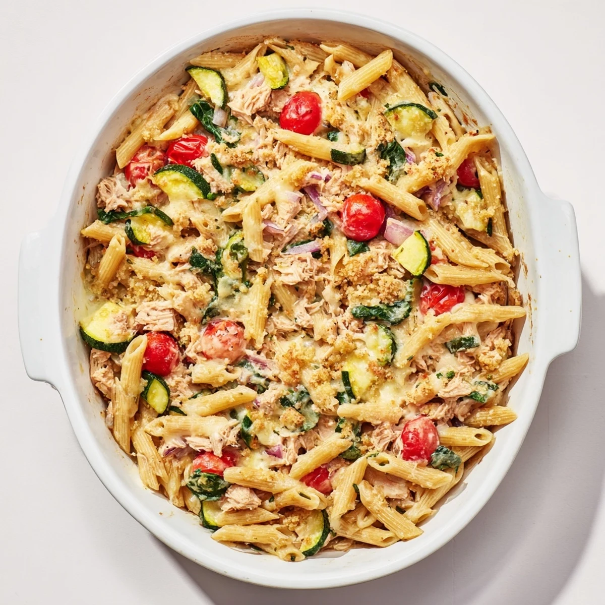 Serving suggestion for Lactose-Free Tuna and Veggie Pasta Bake alongside a crisp green salad and wine.