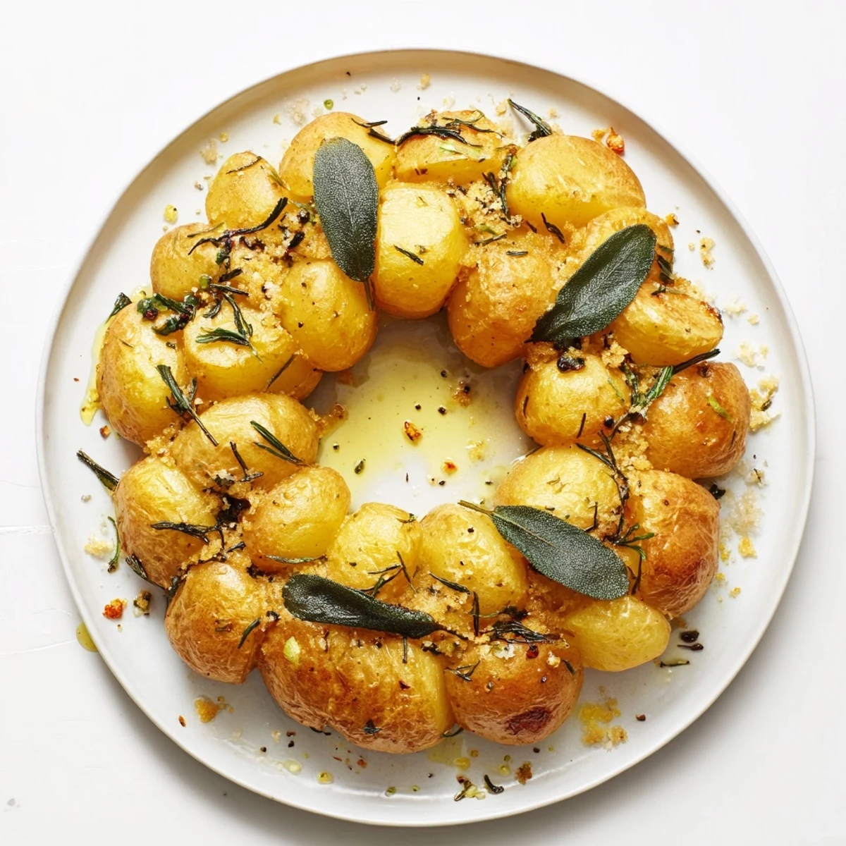 Festive Garlic Roast Potato and Sage Wreath garnished with fresh sage leaves on a rustic platter.  