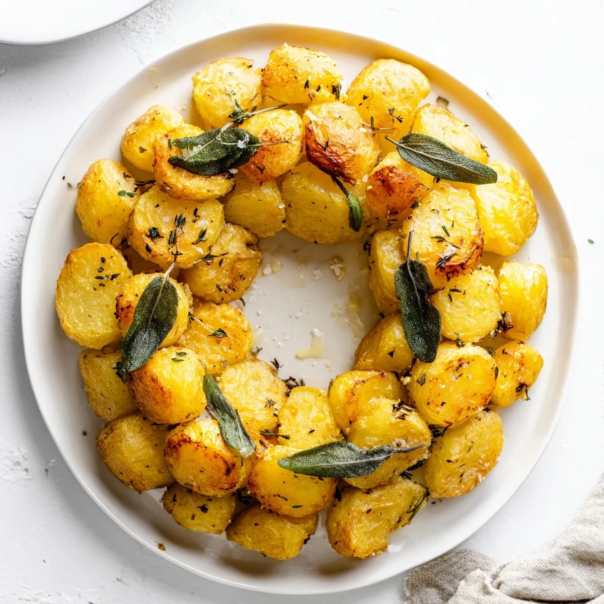 Close-up of golden, crispy Garlic Roast Potato and Sage Wreath with garlic and herbs.  