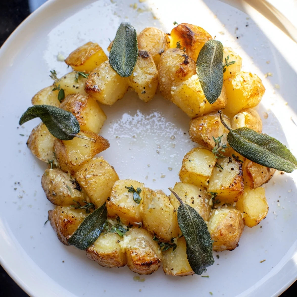Elegant Garlic Roast Potato and Sage Wreath served hot as a vegetarian side dish.