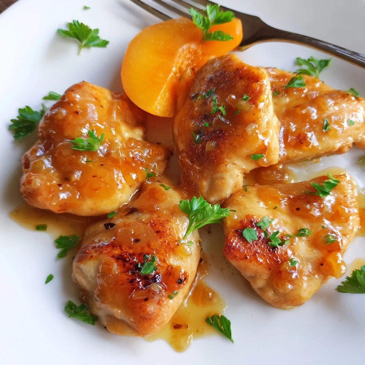 Golden-brown seared chicken breasts glistening in a skillet, smothered in a glossy apricot glaze and garnished with fresh parsley for Classic Apricot Chicken.  