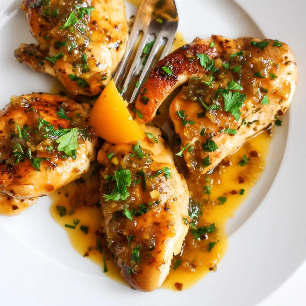 A close-up of tender Classic Apricot Chicken served over fluffy rice, with a spoon drizzling sweet and tangy sauce from above.  