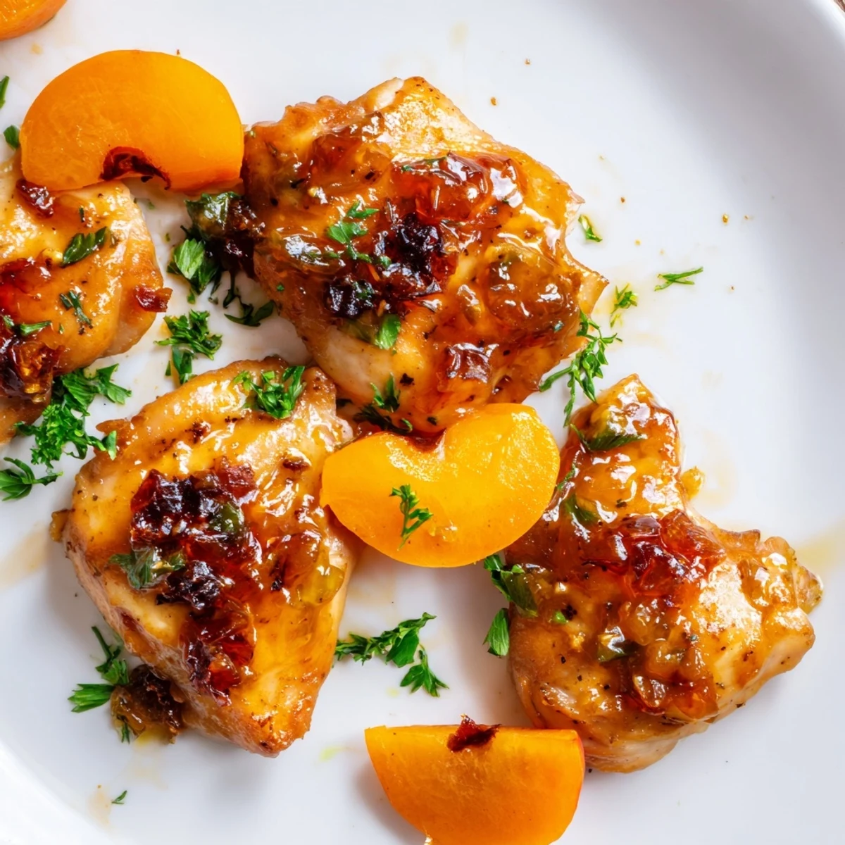 A rustic serving platter featuring Classic Apricot Chicken, fresh apricot slices, and a side of steamed green beans for a family dinner.