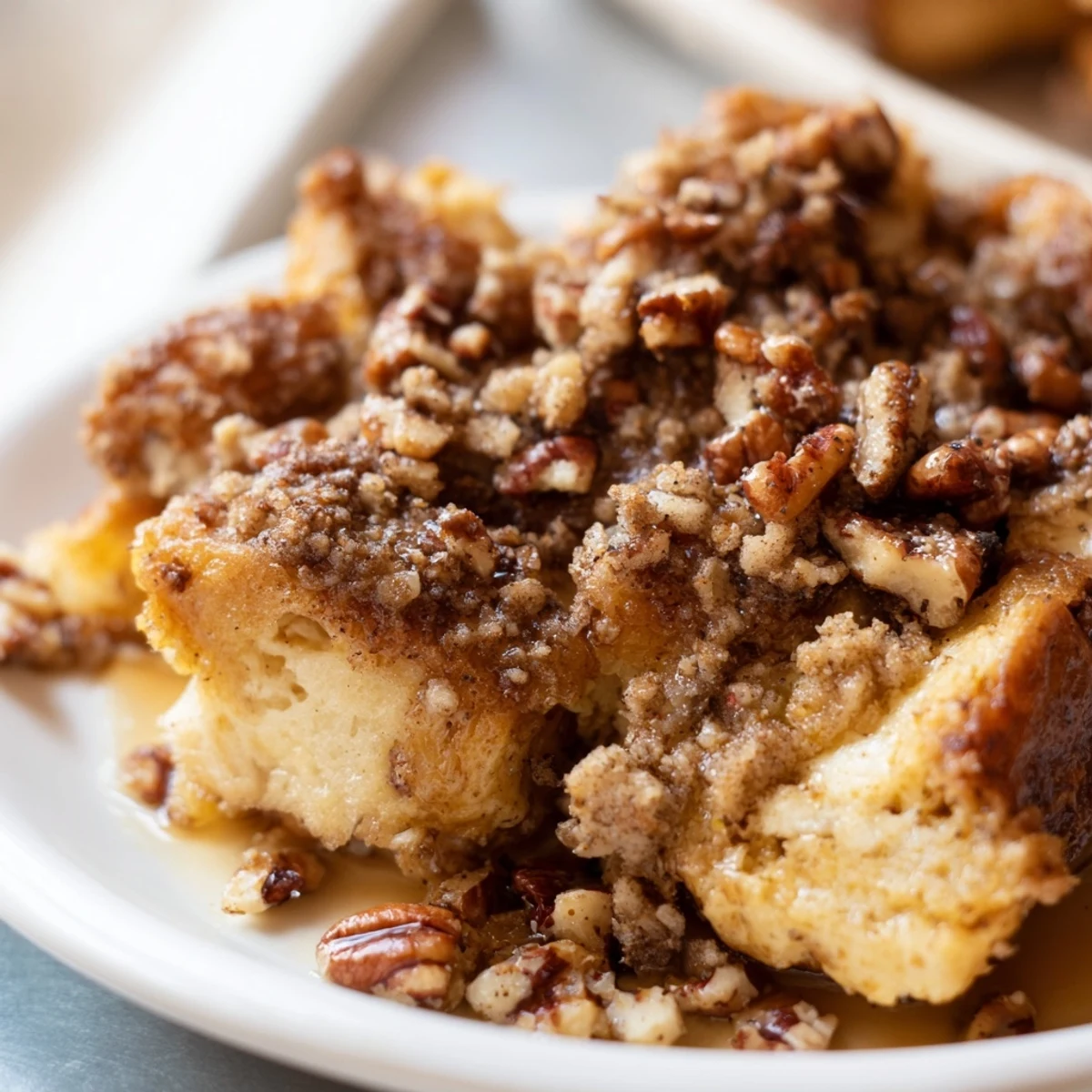 Golden-brown French Toast Casserole with a caramelized pecan topping, served warm on a brunch table.