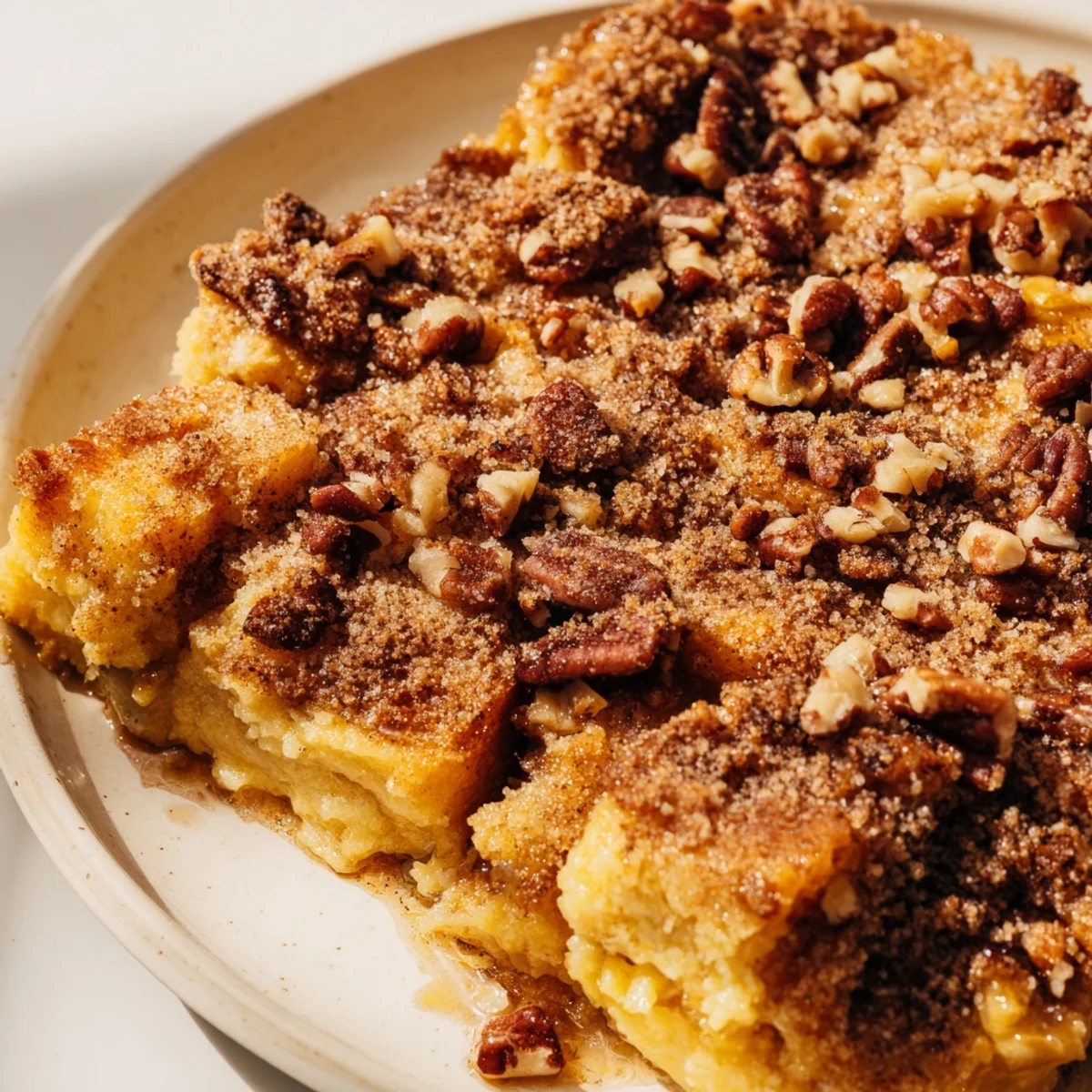 A freshly baked French Toast Casserole with fluffy interior, ready to serve with maple syrup.