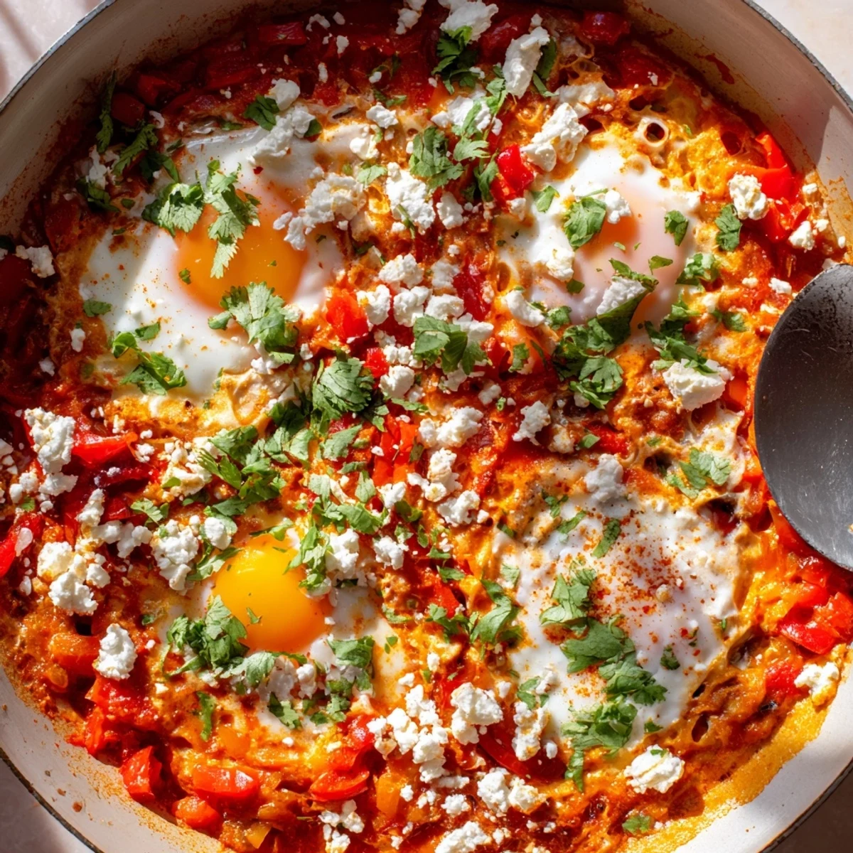 Steaming Quick Shakshuka Eggs simmer in a spicy tomato and pepper sauce, with runny yolks and fresh cilantro garnish.