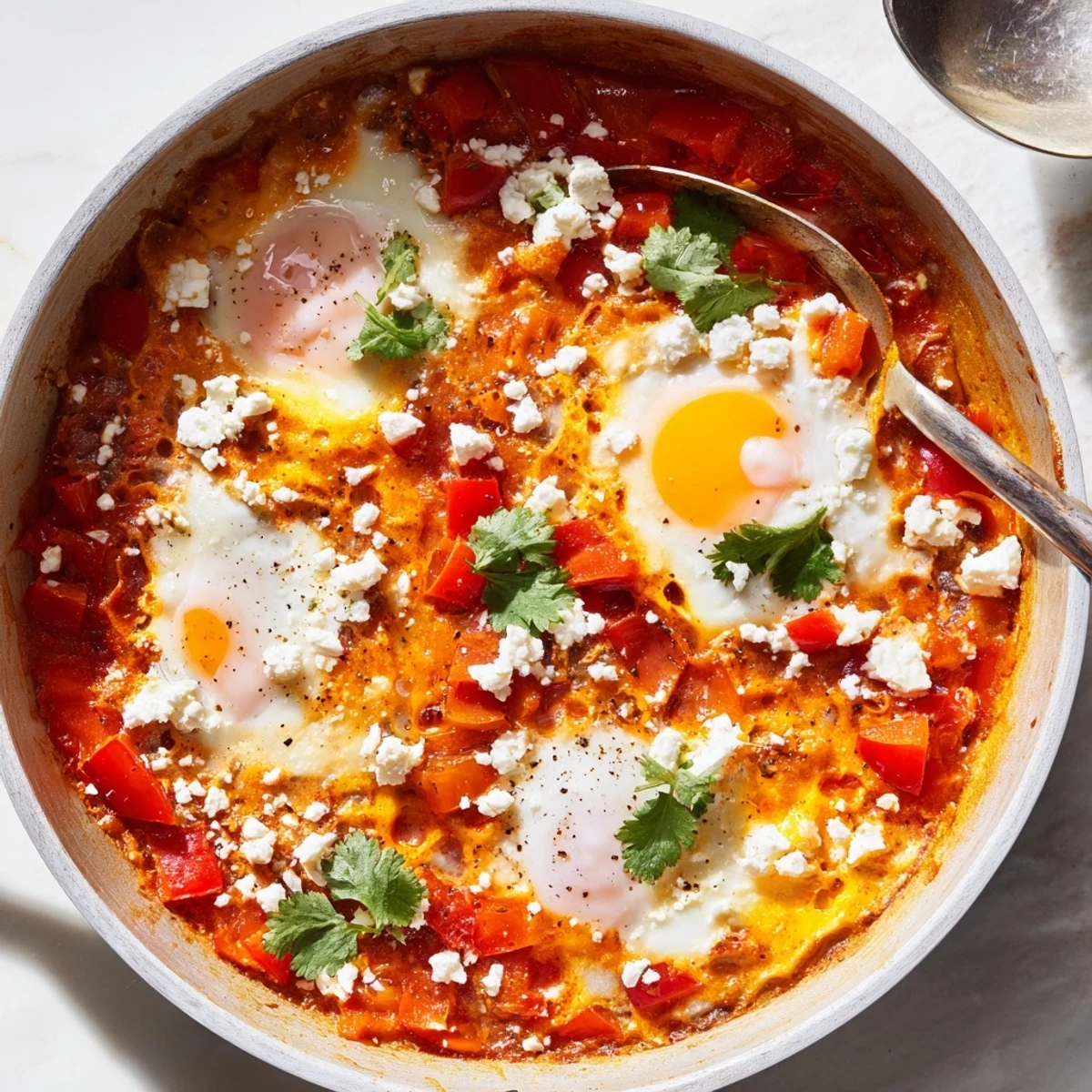 Quick Shakshuka Eggs recipe with vibrant red sauce, poached eggs, and crumbled feta, perfect for a healthy brunch.