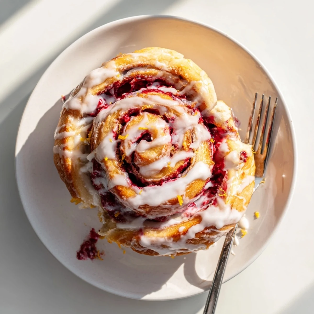 Warm Raspberry Cinnamon Rolls with Lemon Glaze drizzled over soft, swirled pastries on a rustic breakfast table.