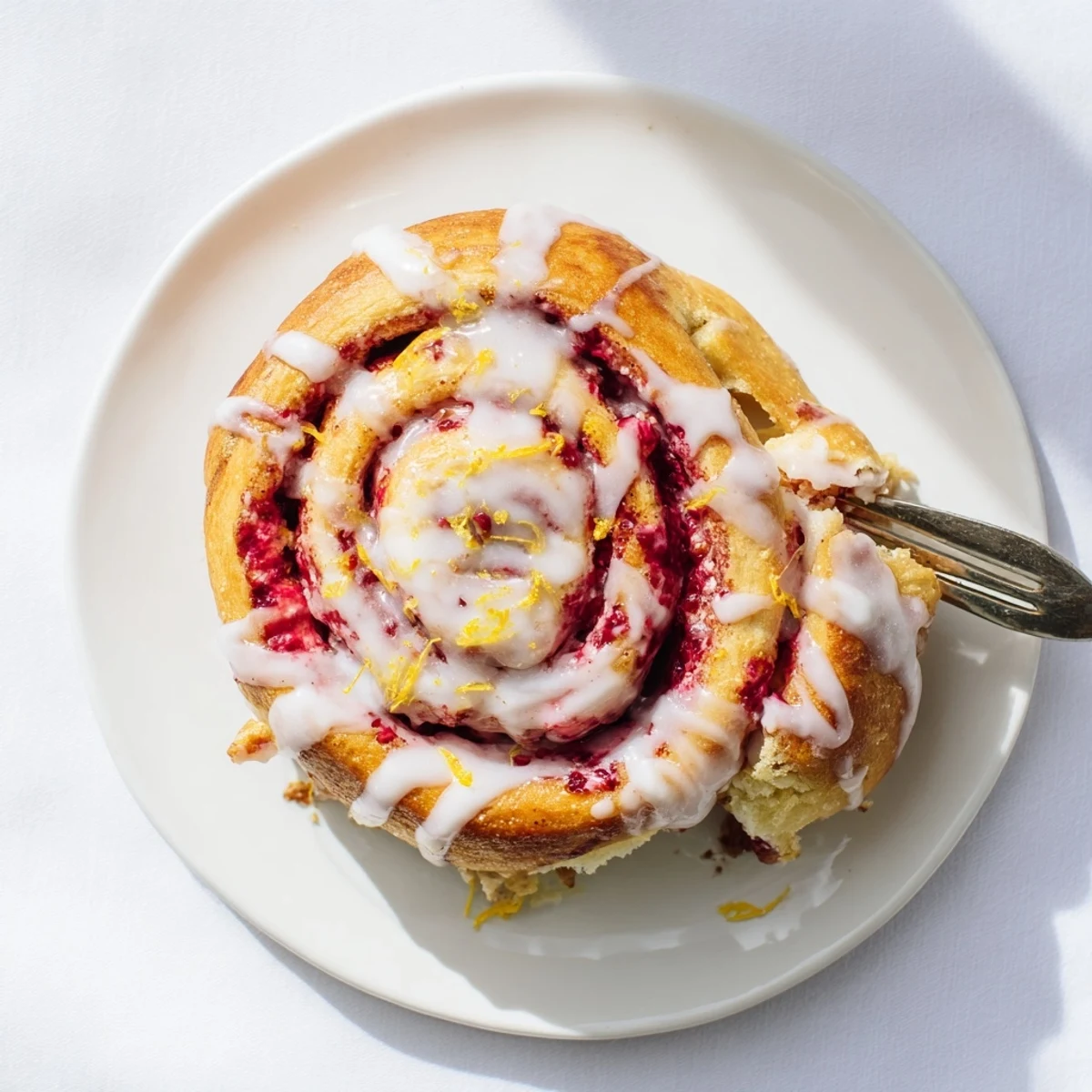 Close-up of freshly baked Raspberry Cinnamon Rolls With Lemon Glaze, showcasing gooey filling and citrusy icing.