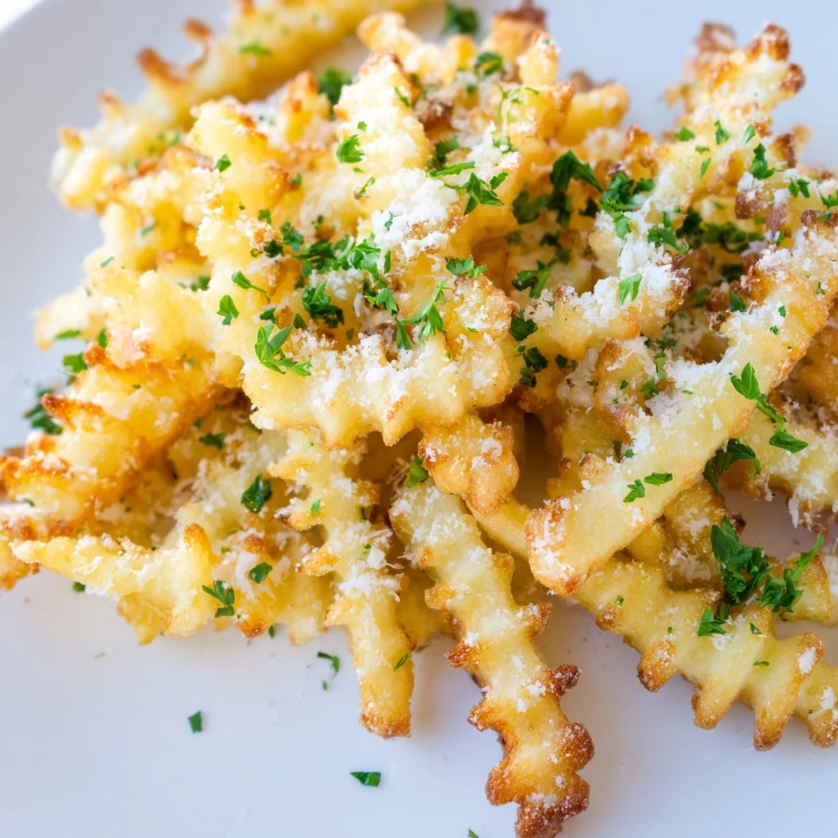 Crispy Mashed Potato Fries displayed on a rustic wooden board with fresh parsley garnish.