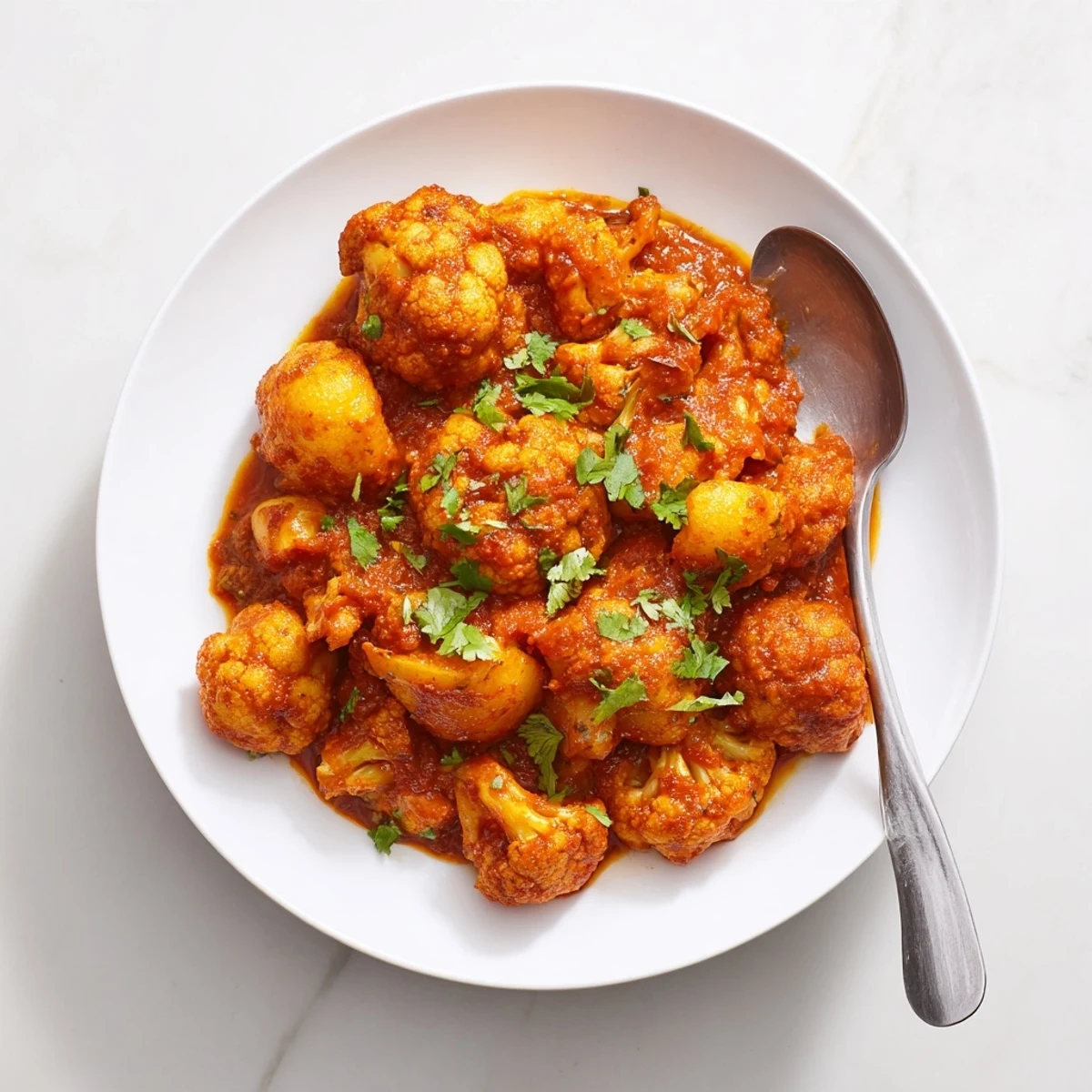 Steaming bowl of Indian Butter Spiced Potatoes and Cauliflower garnished with fresh cilantro on white rice.