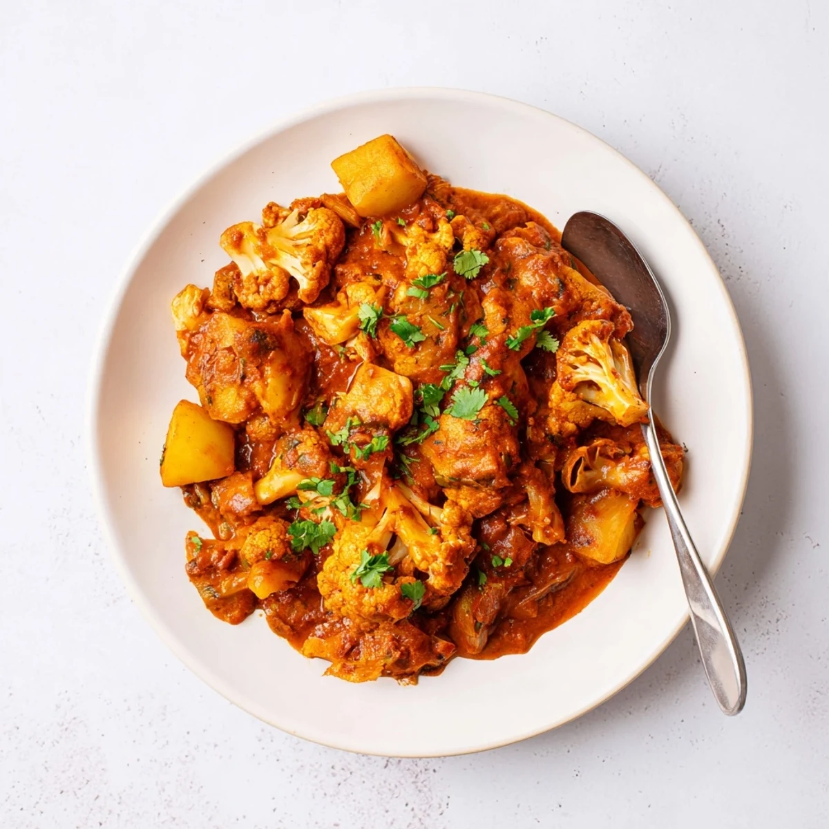 Hearty vegetarian Indian Butter Spiced Potatoes and Cauliflower served warm with naan bread and lemon wedges.