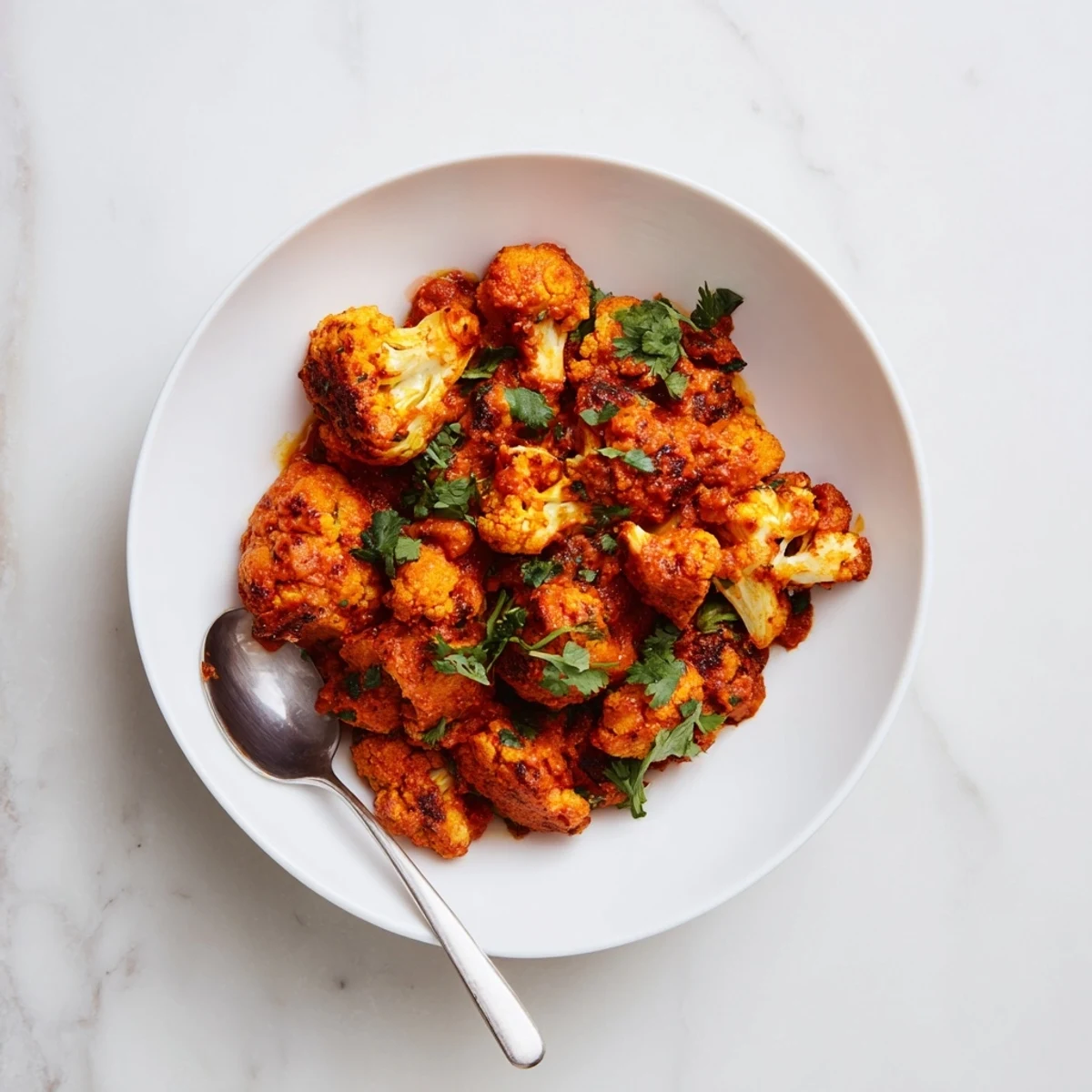 Aromatic Indian Butter Spiced Potatoes and Cauliflower simmered in a creamy tomato sauce in a rustic skillet.