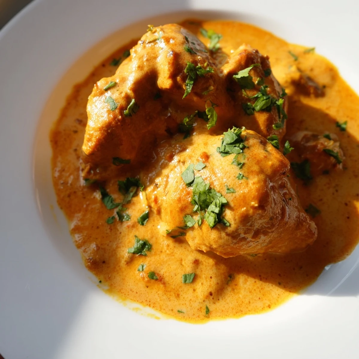 Steaming bowl of creamy Butter Chicken and Vegetable Fritters garnished with cilantro, served for dinner.