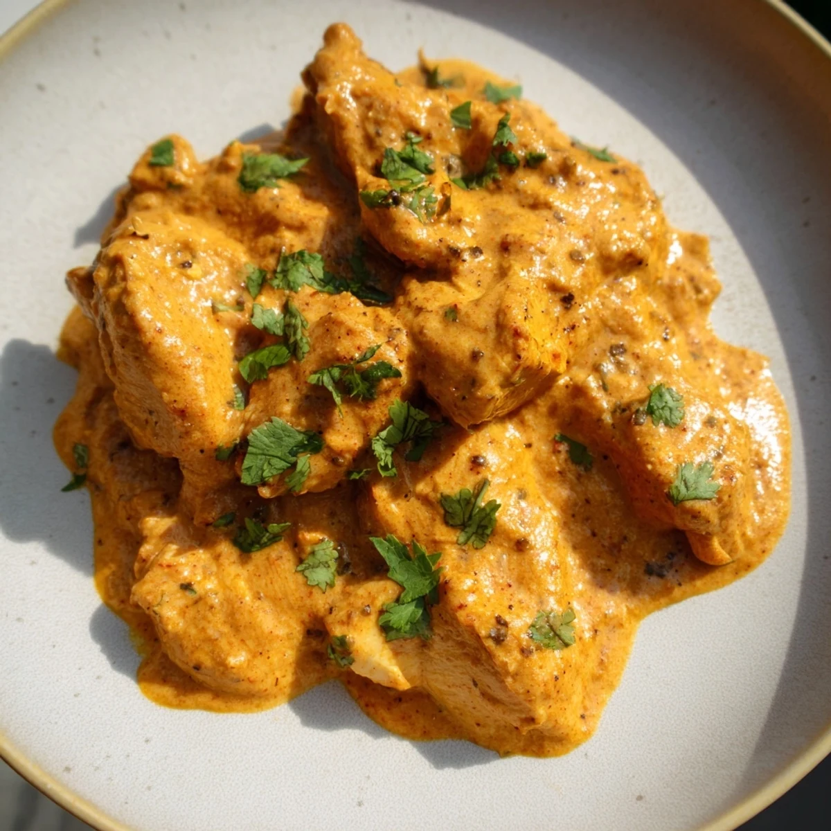 Golden vegetable fritters beside a rich, orange-hued plate of Butter Chicken, highlighting the indulgent textures.