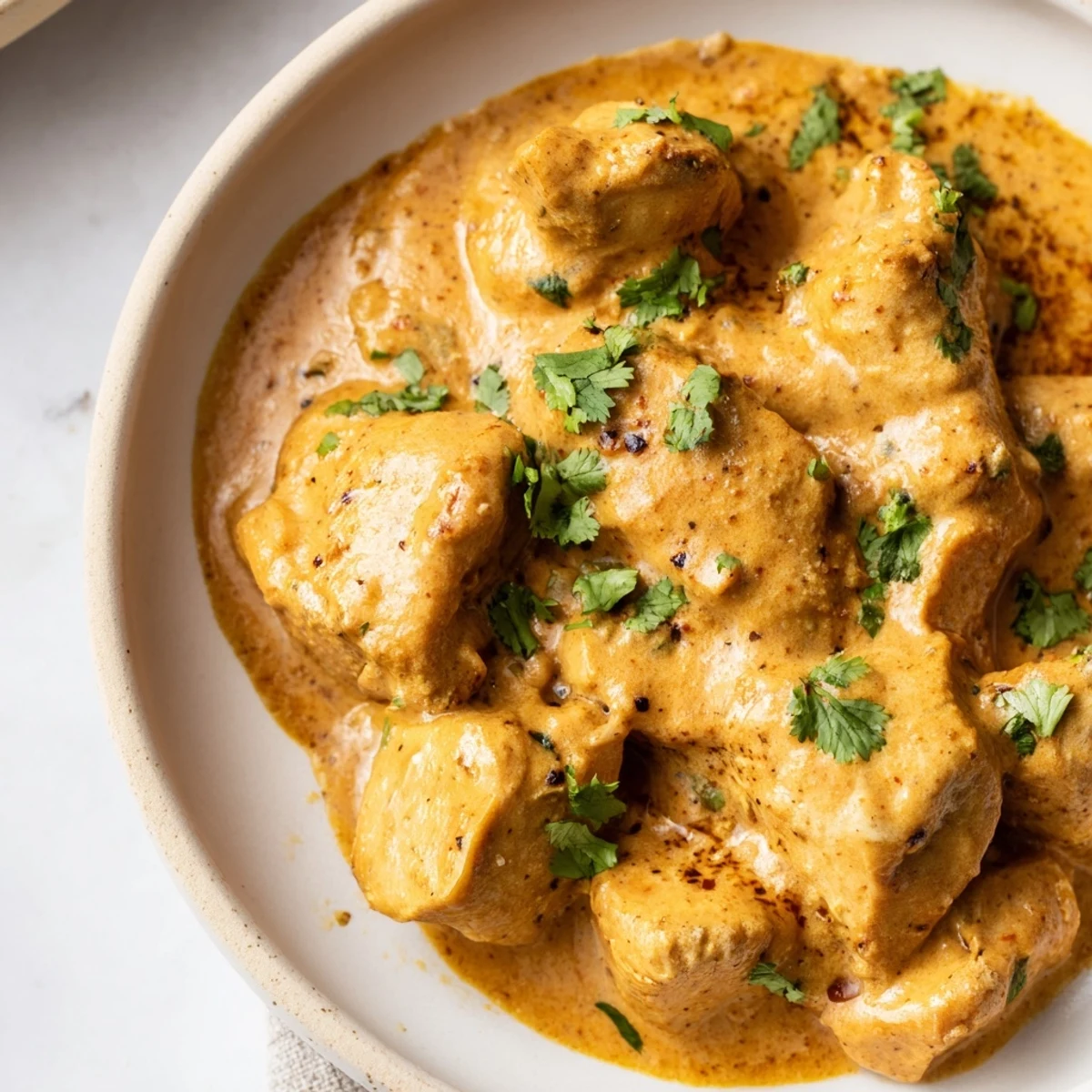 Plate showcasing Butter Chicken and Vegetable Fritters, a vibrant Indian-inspired meal perfect for a family gathering.