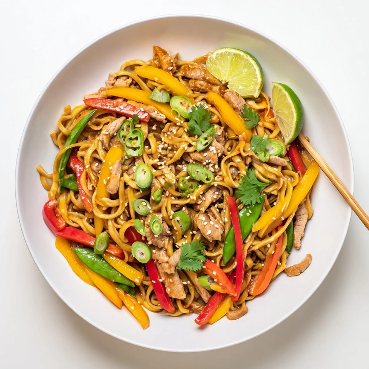 A close-up of Sweet Chilli Turkey Noodle Stir Fry with tender turkey and colorful bell peppers on a plate.
