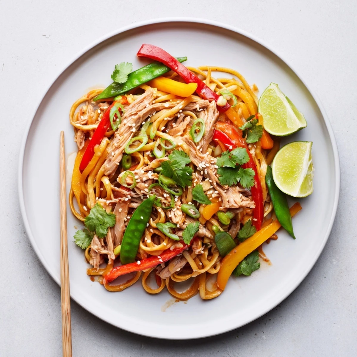 Steaming Sweet Chilli Turkey Noodle Stir Fry served in a wok with lime wedges and fresh cilantro garnish.