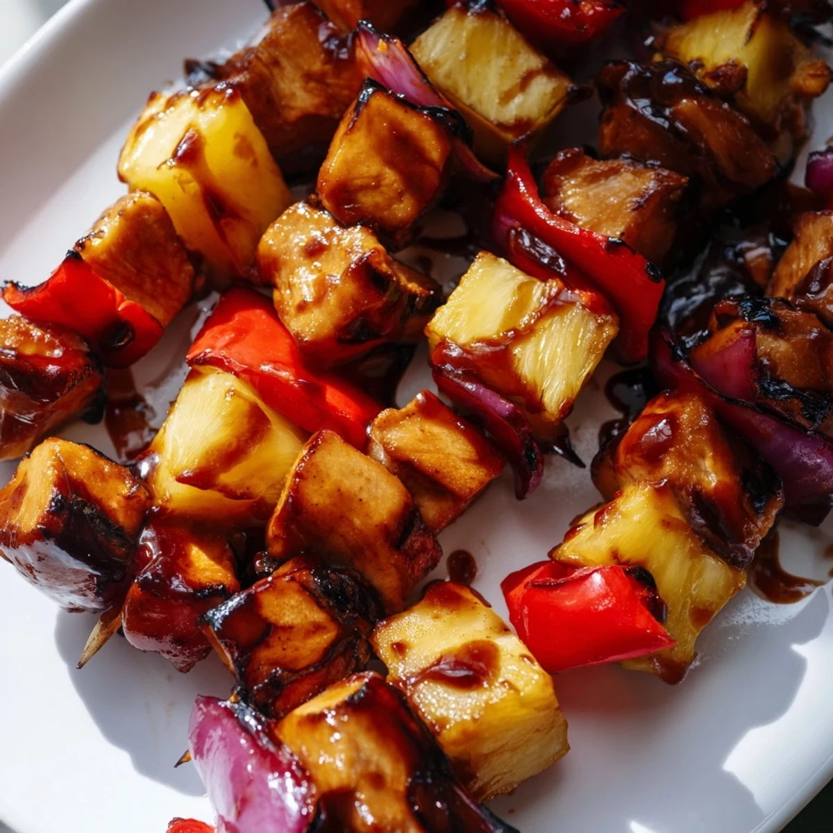 Grilled chicken and pineapple BBQ skewers with charred red bell pepper and red onion on a wooden platter.