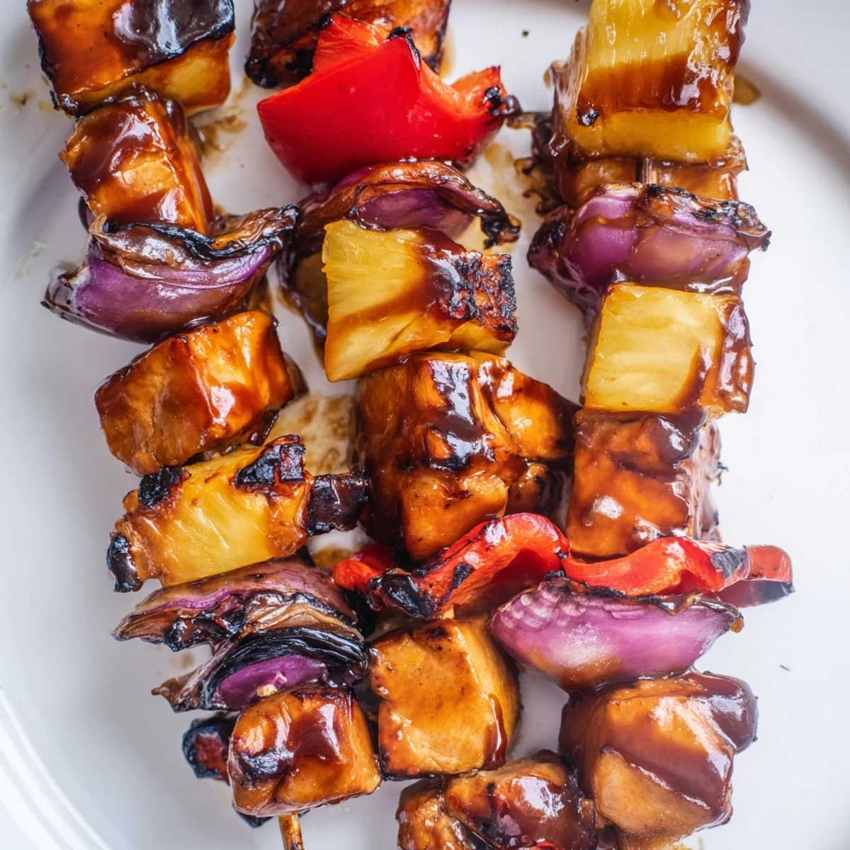 Juicy chicken cubes and sweet pineapple chunks on skewers glazed with smoky barbecue sauce, served warm.