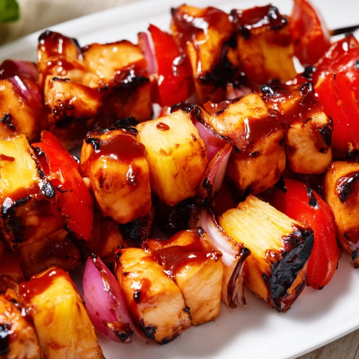 Summer BBQ chicken and pineapple skewers with bell pepper and onion, plated with extra sauce for dipping.