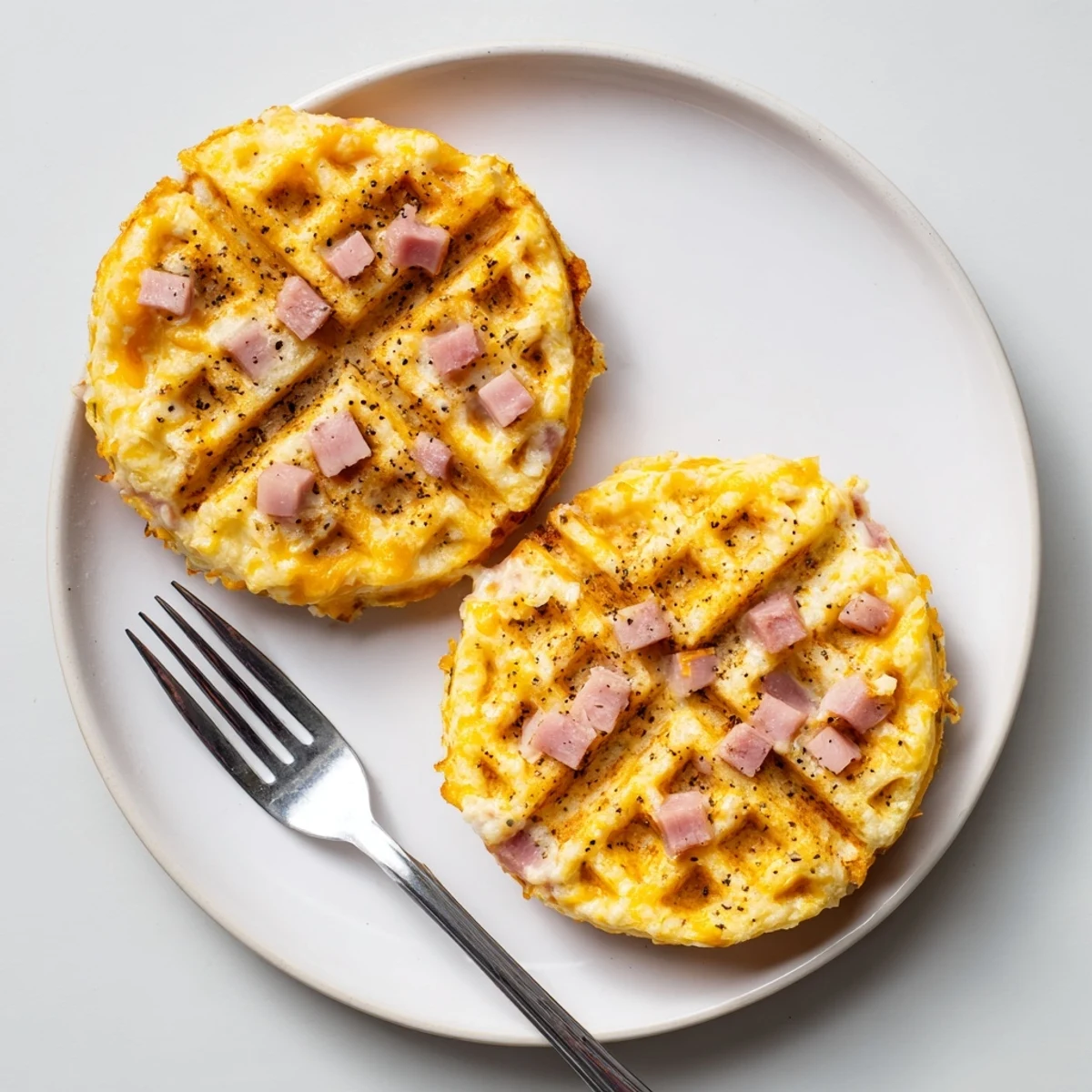 Golden-brown Ham and Cheese Chaffles on a white plate, crispy edges and melted cheddar with ham specks.