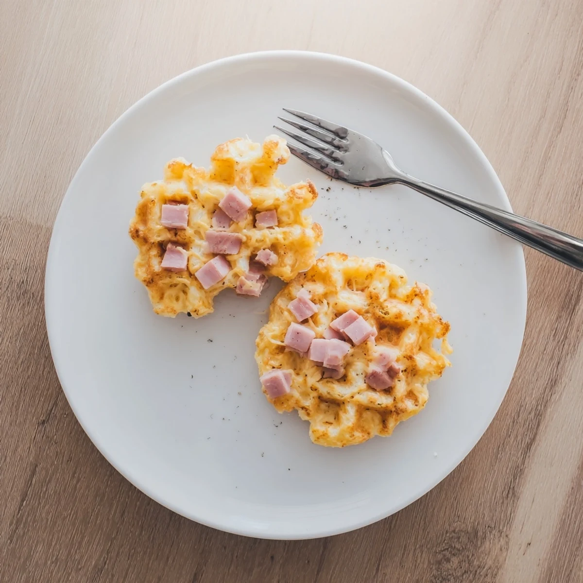 Close-up of Ham and Cheese Chaffles stacked, showing a fluffy interior studded with diced ham and cheese.