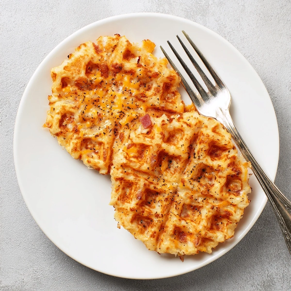 A rustic wooden board with Ham and Cheese Chaffles served beside a small bowl of sour cream dip.