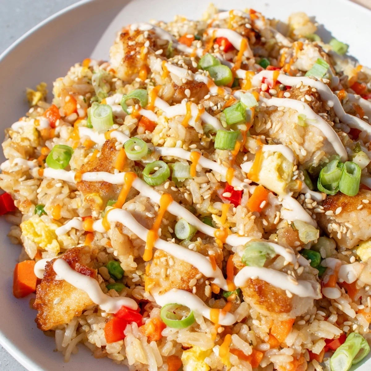Enjoy this Asian fusion Bang Bang Fried Rice garnished with green onions and sesame seeds, perfect for a weeknight dinner.