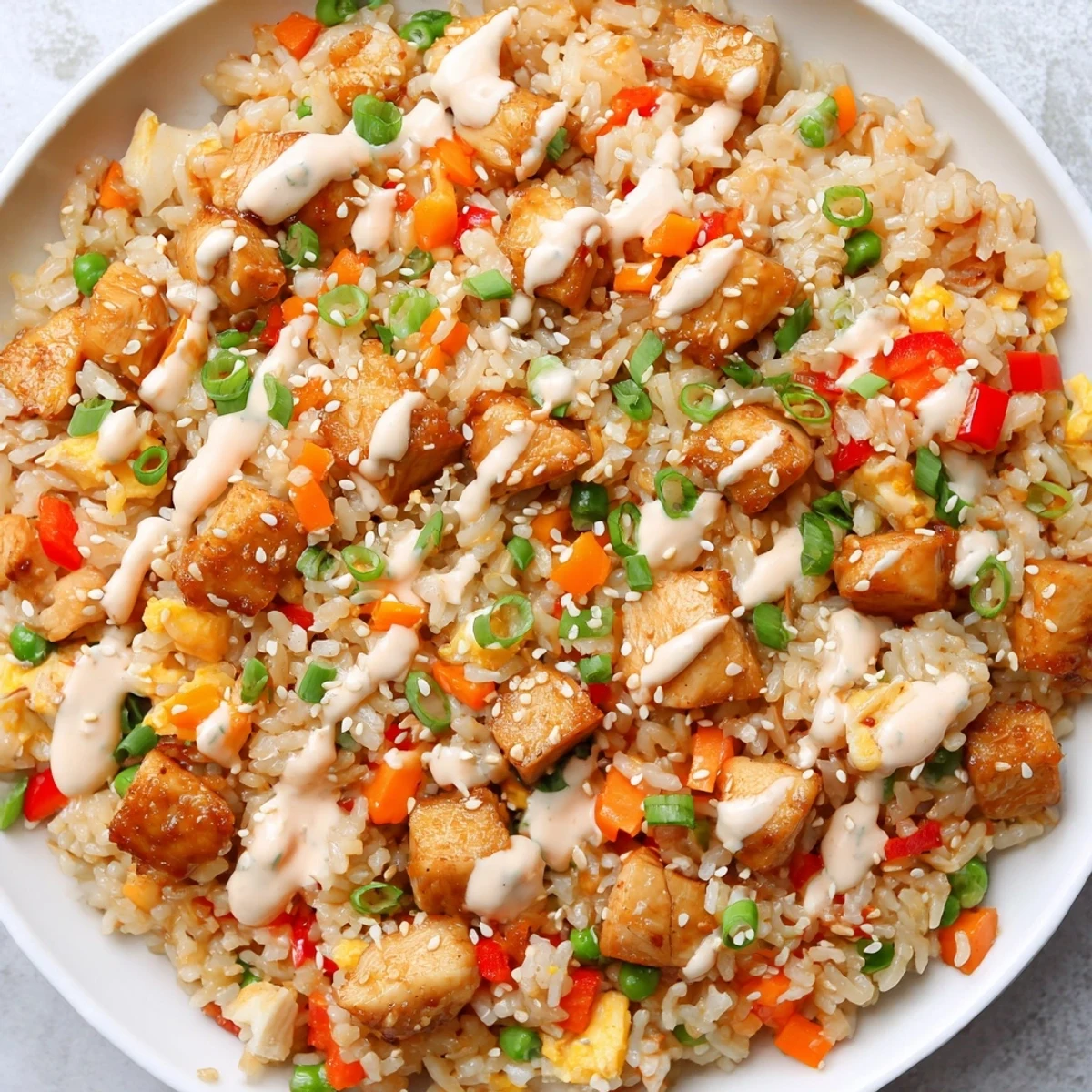 Creamy Bang Bang Fried Rice with crispy chicken, vibrant bell peppers, and a spicy drizzle served in a bowl.