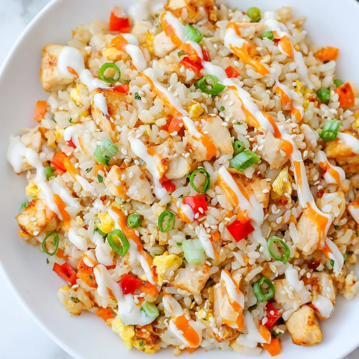A close-up of Bang Bang Fried Rice featuring fluffy grains, diced veggies, and a rich, spicy sauce for a flavorful meal.
