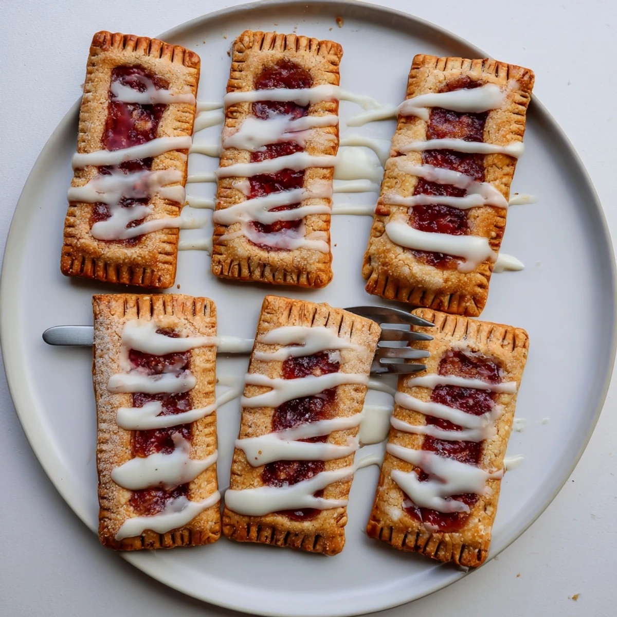 Golden-brown Protein Pop Tarts with a glistening white icing drizzle sit on a wire rack, ready to serve.