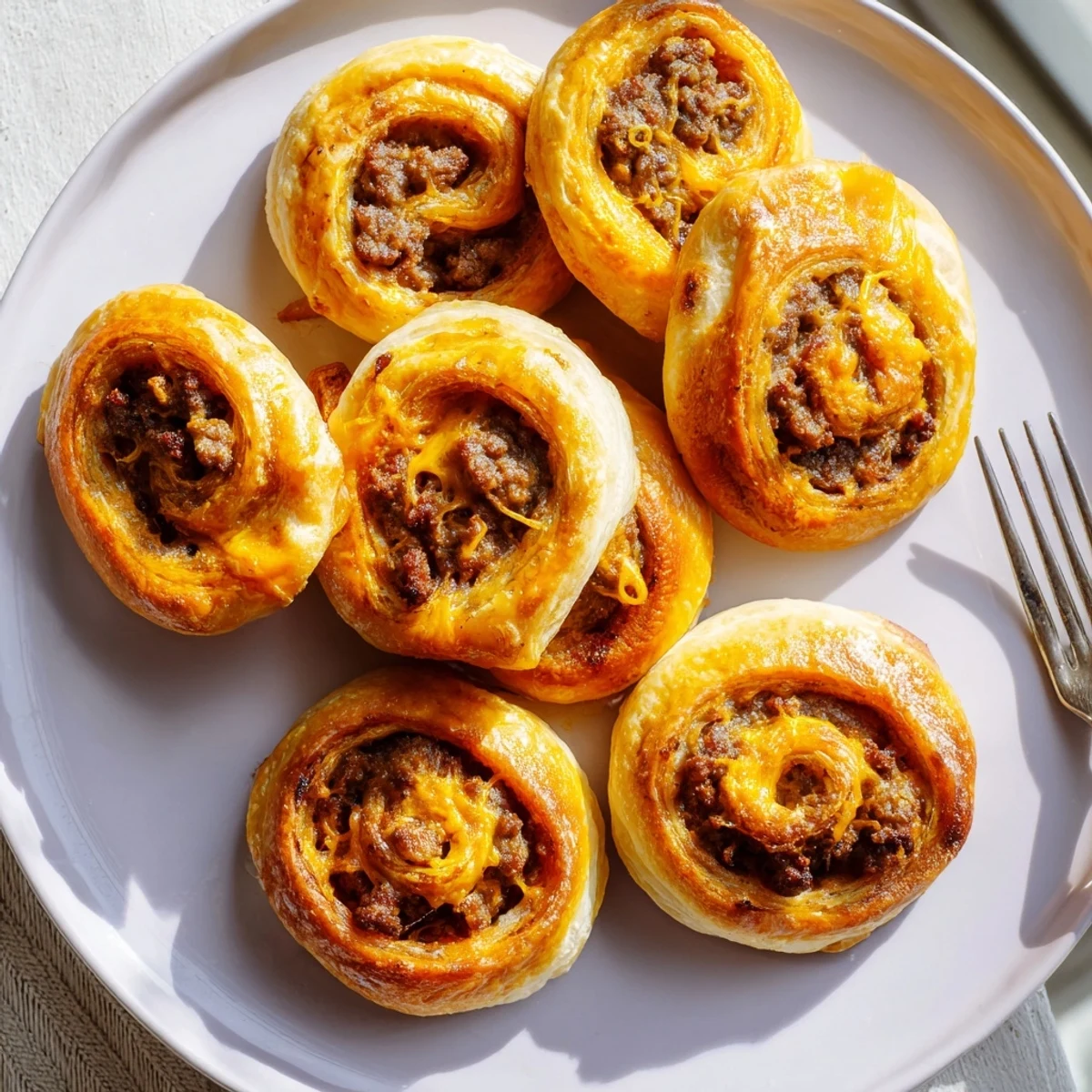 Bite-sized Cheesy Bacon Burger Rollups Puff Pastry Appetizer served with a side of ketchup and mustard.