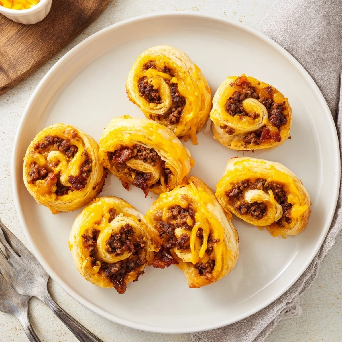 Golden-brown Cheesy Bacon Burger Rollups with melted cheddar and crispy bacon visible on a white plate.