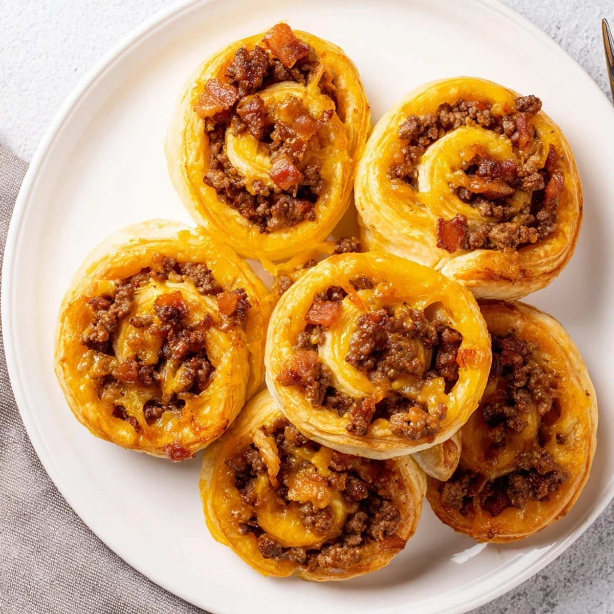 Freshly baked Cheesy Bacon Burger Rollups Puff Pastry Appetizer on a wooden serving board, steam rising.