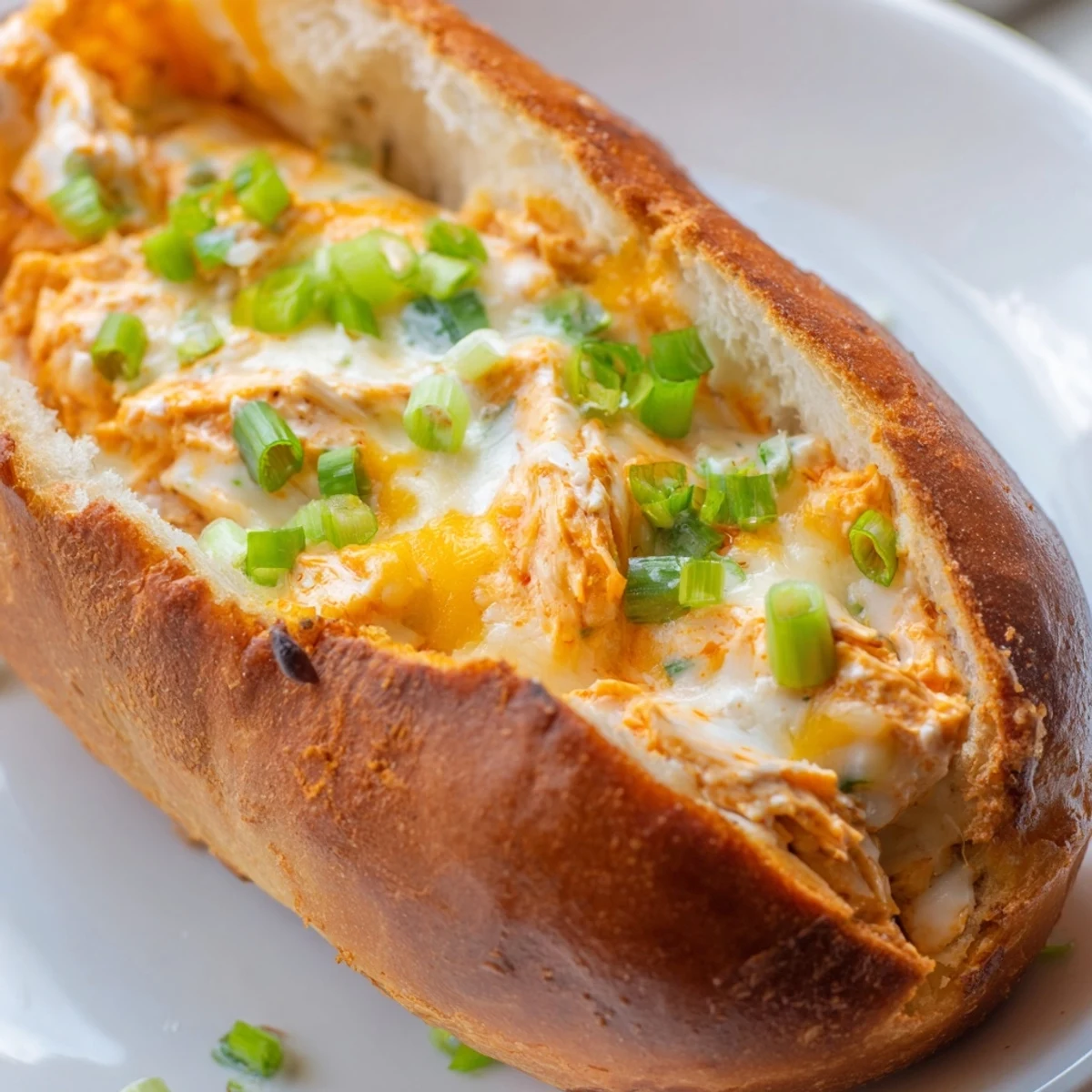 Sliced crosswise, this Cheesy Buffalo Chicken Stuffed French Bread reveals a creamy, spicy buffalo chicken filling inside a crispy French bread loaf, served warm.