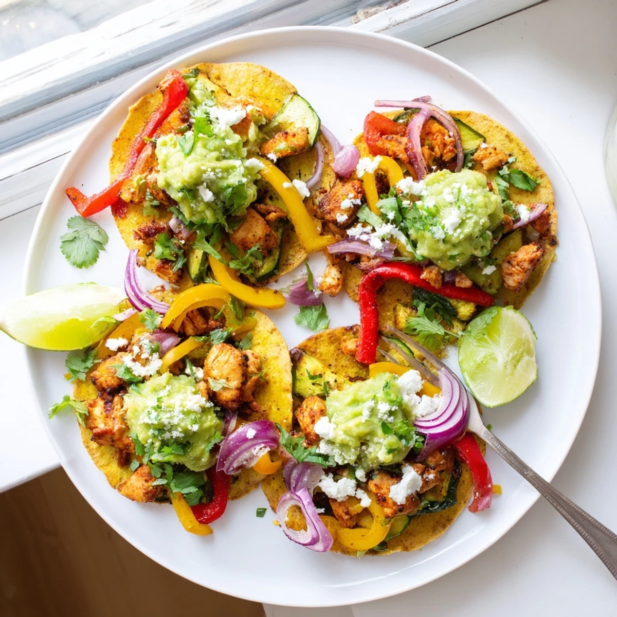 Crispy golden corn tostadas loaded with spiced chicken, sautéed veggies, and fresh guacamole for a vibrant Mexican meal.