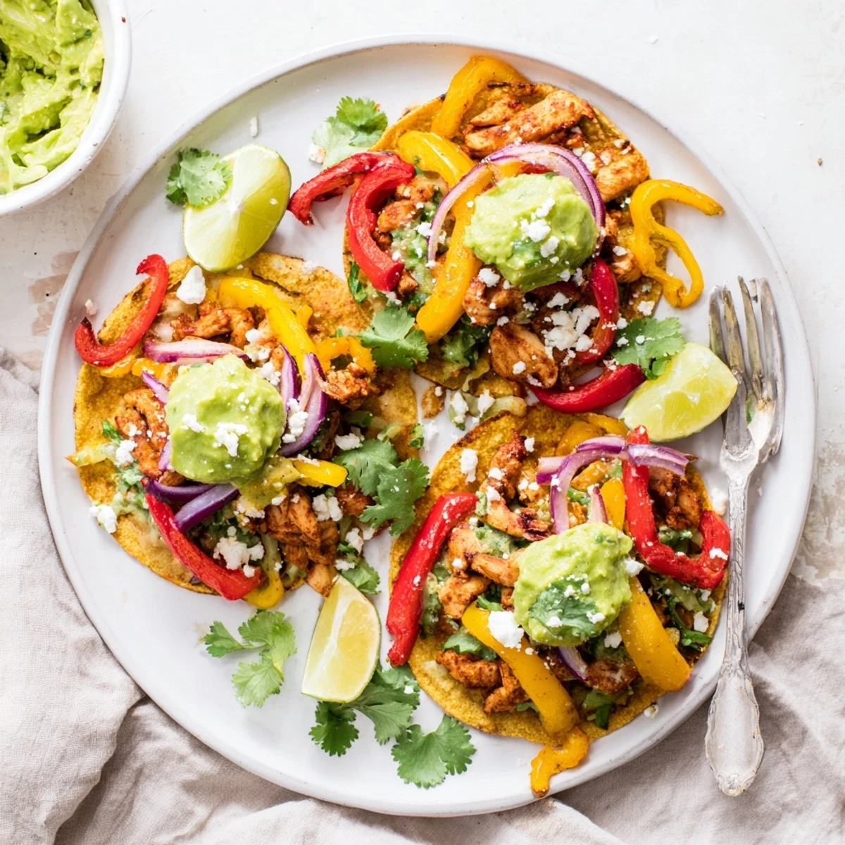 Savory Chicken Veggie Tostadas With Guacamole feature tender chicken and colorful peppers on crunchy shells.