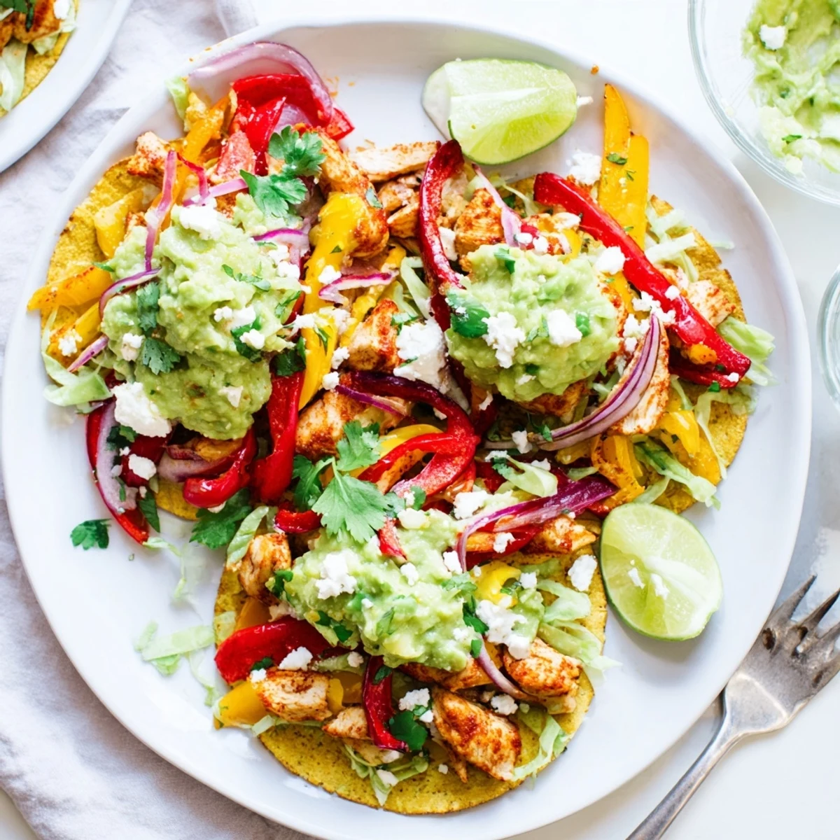 Bright, zesty flavors shine in Chicken Veggie Tostadas With Guacamole, perfect for a quick, gluten-free dinner.