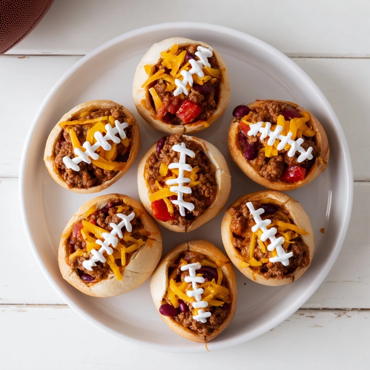 Golden-brown Mini Chili Football Bread Bowls filled with savory beef chili and topped with melted cheddar and sour cream laces, ready for game day.