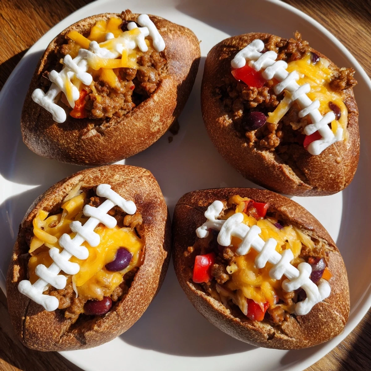 Perfectly bite-sized Mini Chili Football Bread Bowls overflowing with hearty chili and melted cheese, arranged on a rustic wooden serving board.