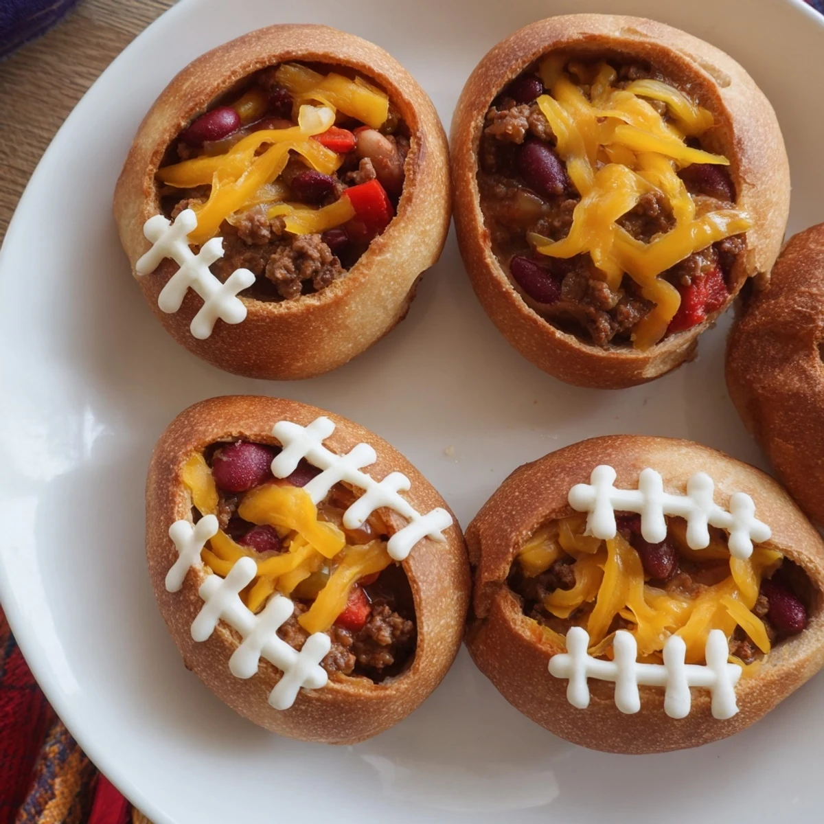 A close-up of Mini Chili Football Bread Bowls showing melted cheddar, sour cream laces, and a garnish of fresh green onions.