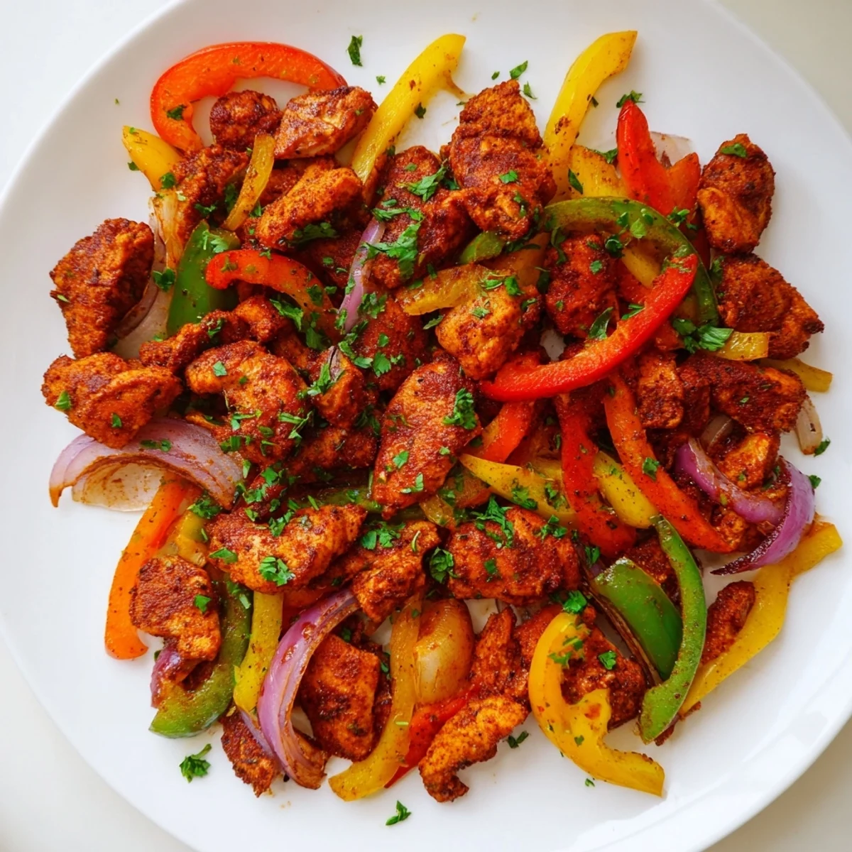 Tender Cajun Chicken Bell Peppers Spicy Delight sizzles in a skillet with colorful veggies and fresh parsley.
