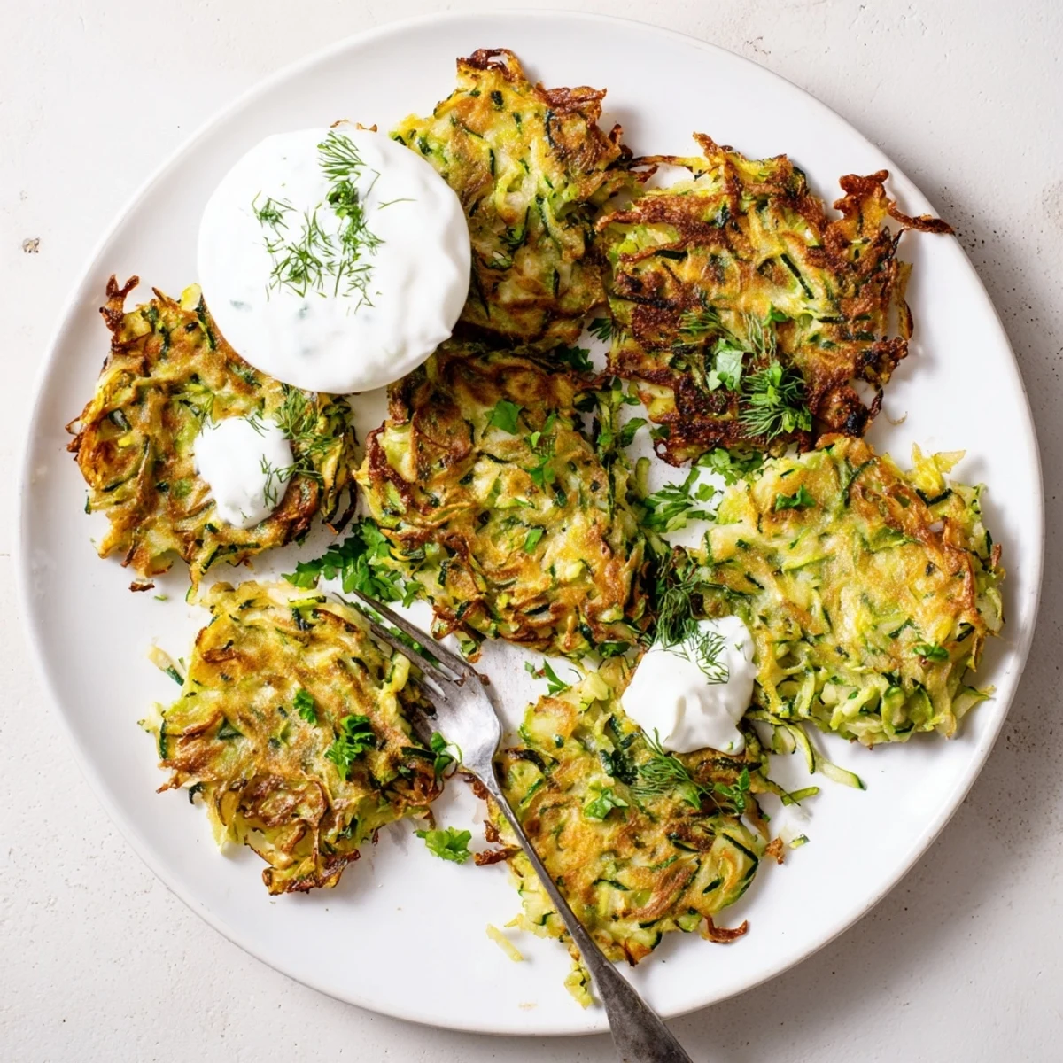 Golden Crispy Easy Zucchini Fritters served hot on a plate, garnished with dill and a side of creamy tzatziki dip.