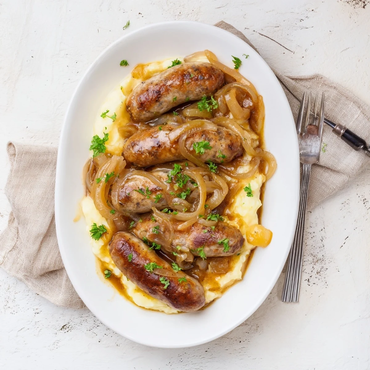 Sausages in onion gravy simmer in rich brown sauce, served over creamy mashed potatoes with fresh parsley garnish.