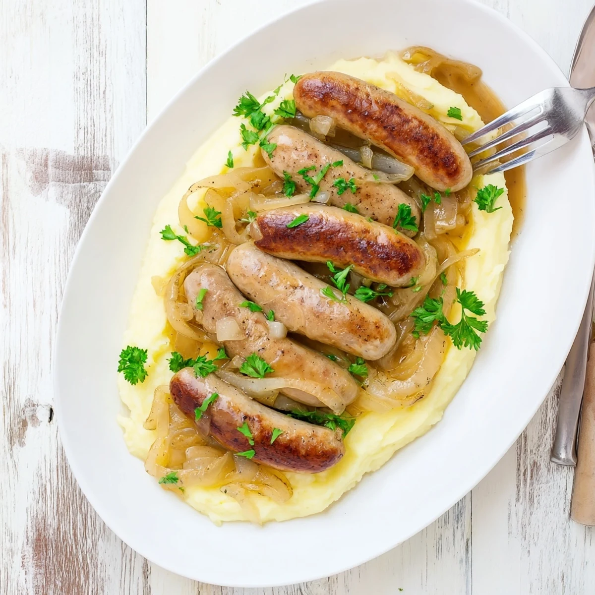 A close-up of juicy sausages smothered in savory onion gravy, ready to be enjoyed over fluffy mashed potatoes.