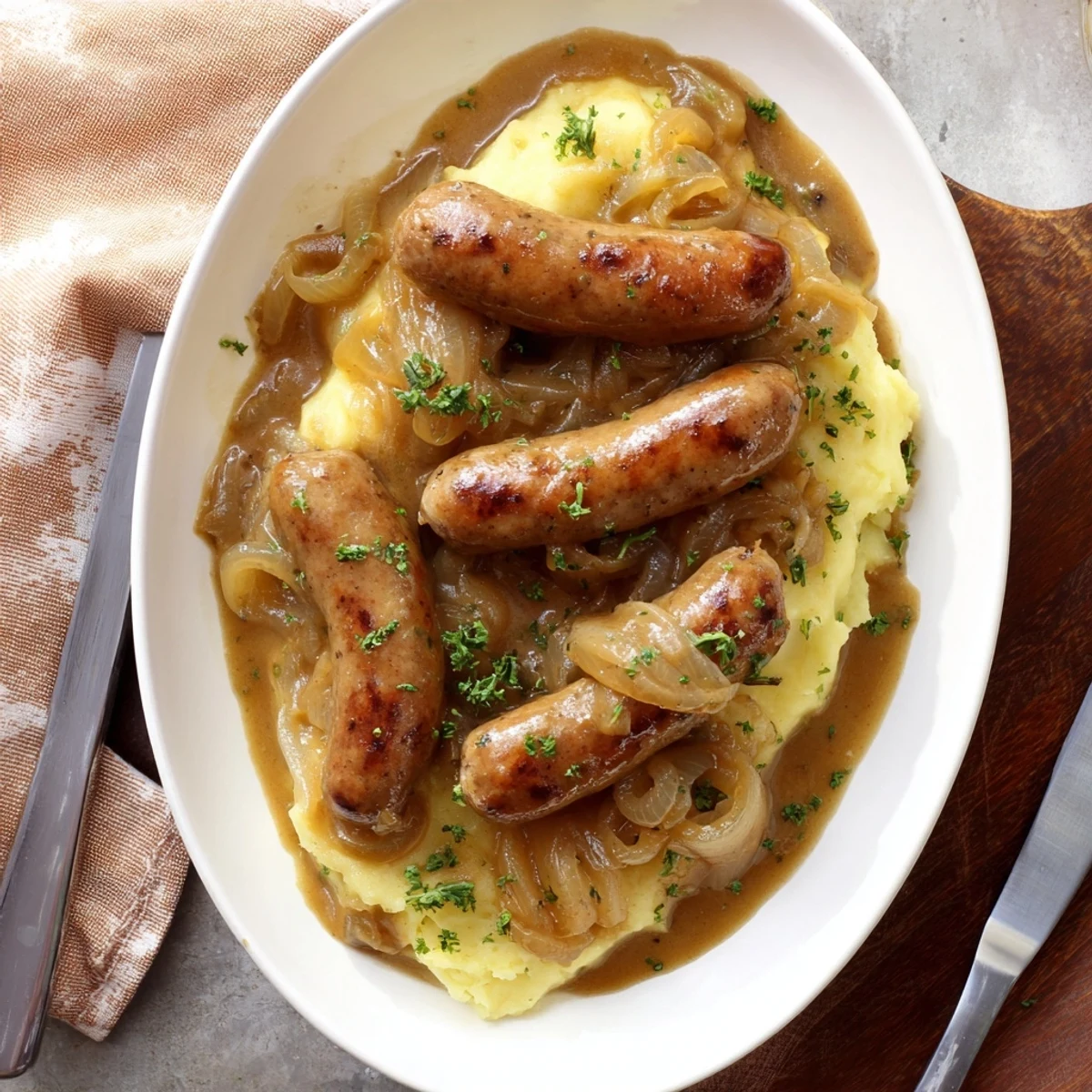 Hearty Sausages in Onion Gravy plated with smooth mashed potatoes, featuring golden onions and a glossy, brown gravy.
