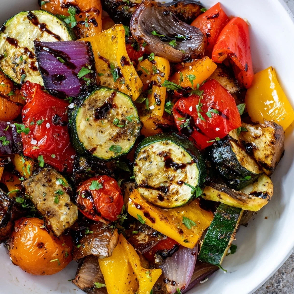 Colorful Italian Roasted Vegetables with zucchini, bell peppers, and cherry tomatoes roasted to perfection, ready to be served as a healthy side dish.