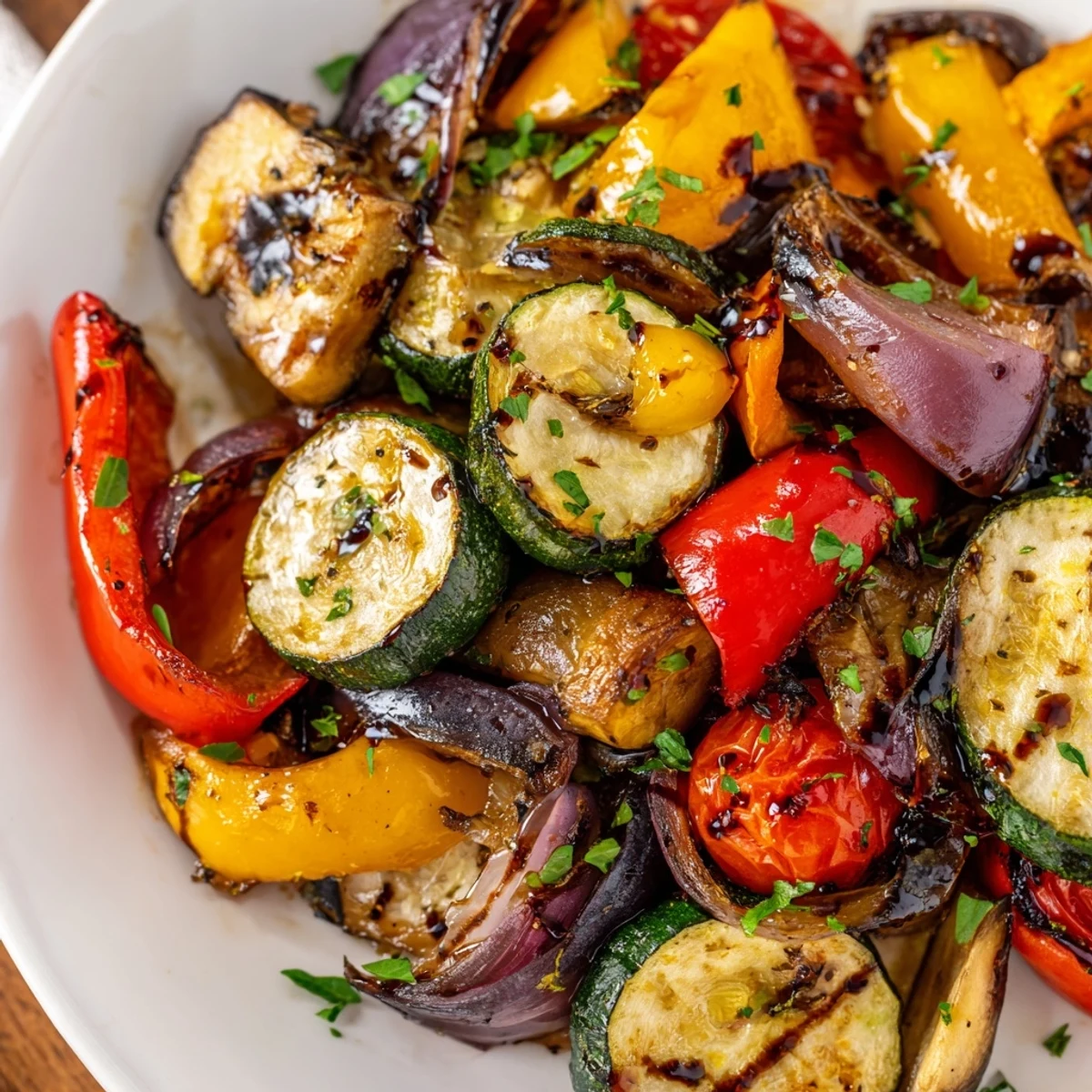 Vibrant Italian Roasted Vegetables served warm in a white ceramic dish, garnished with fresh parsley and a drizzle of balsamic glaze.
