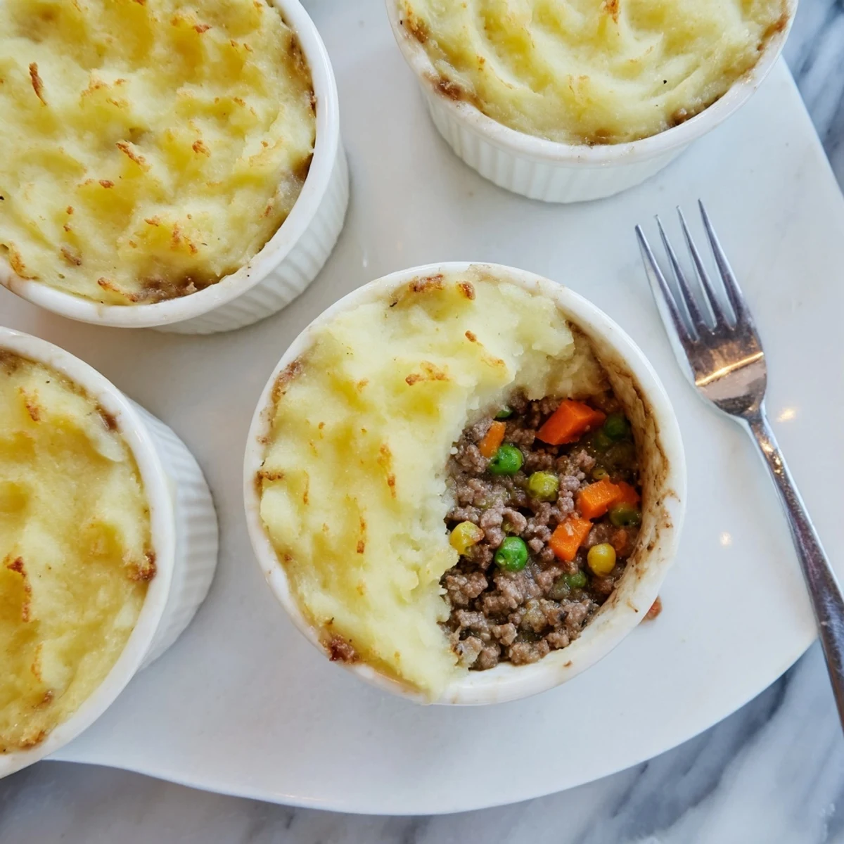 Golden Mini Shepherds Pie with savory ground meat and vegetable filling topped with creamy mashed potatoes.  